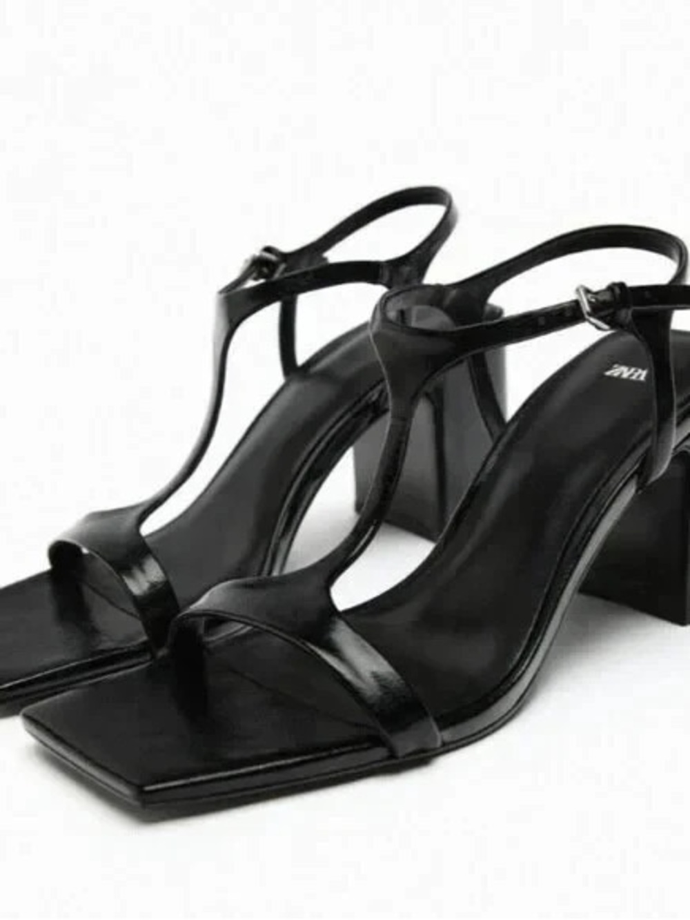 Zara Black Leather Square-Toe Block Heel Sandals